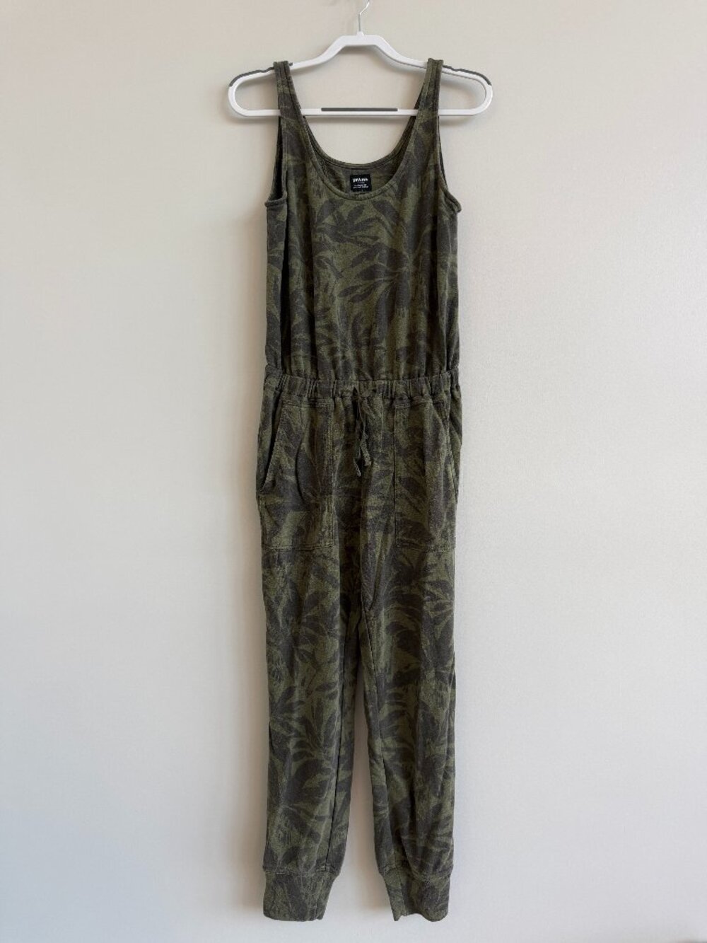 prAna Olive Green Tropical Leaf Print Sleeveless Drawstring Jumpsuit M